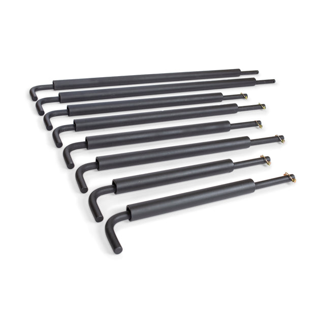 A set of eight black L-shaped metal rods, resembling Bells of Steel's Pin Pipe Safeties, each with varying lengths, is arranged in a pattern on a white background. They feature hooked ends and are parallel to each other, embodying the precision and stability of a power rack design.