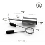 The Bells of Steel Weight Stack Pin features a metallic cylindrical body, a ring handle with black grips, supports up to 20 lbs, weighs 1.4 lbs, and includes both millimeter and inch dimensions for precise micro loading.