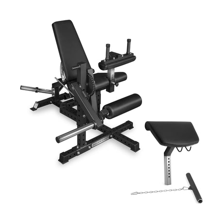 Bells of Steel USA Legacy Leg Extension / Hamstring Curl Machine - Plate Loaded featuring an adjustable seat attachment, a loading pin, and a chain.