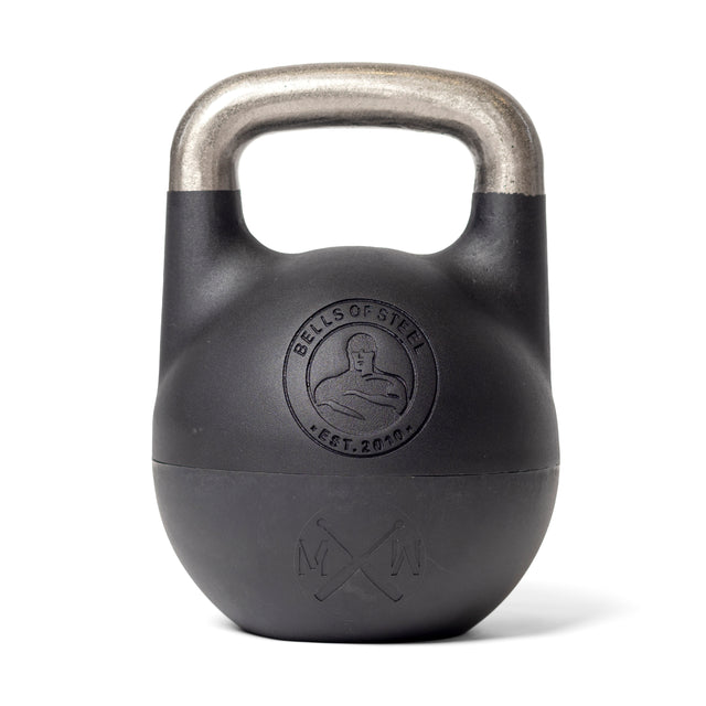 A black adjustable kettlebell from Bells of Steel, with a metallic handle and plastic bottom, showcases the logo and "Est. 2010," featuring a weightlifter and crossed axes design. Ideal for single-arm exercises and varied weight increments.