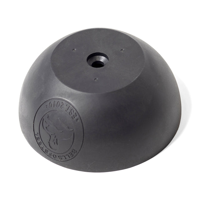 The Bells of Steel Plastic Bottom for Adjustable Kettlebell is a black rubber dome with a center hole and embossed logo, ideal for single-arm exercises and easy weight adjustments, representing a premium fitness brand.