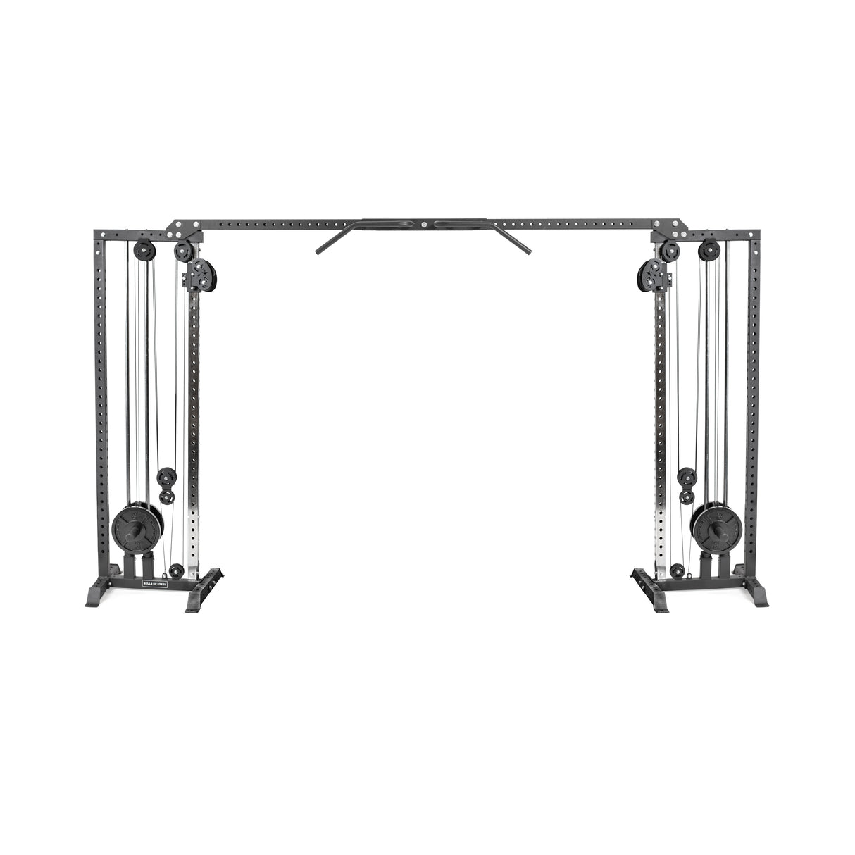 The Bells of Steel Cable Crossover Machine, in sleek black, showcases adjustable pulleys, weight stacks, and a multi-grip ergonomic pull-up bar against a plain white background.