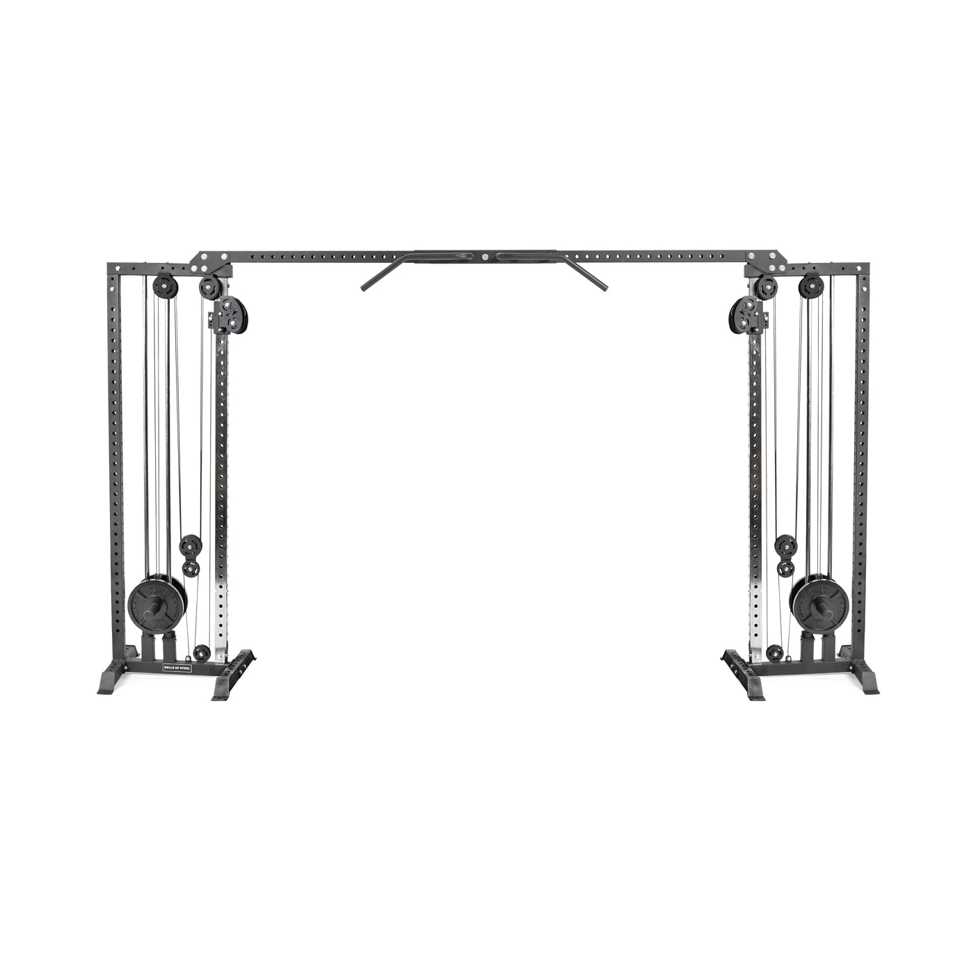 The Bells of Steel Cable Crossover Machine features a wide frame, adjustable pulleys and handles on both sides, weight stacks, and a multi-grip pull-up bar in the center. It is displayed against a plain white background.