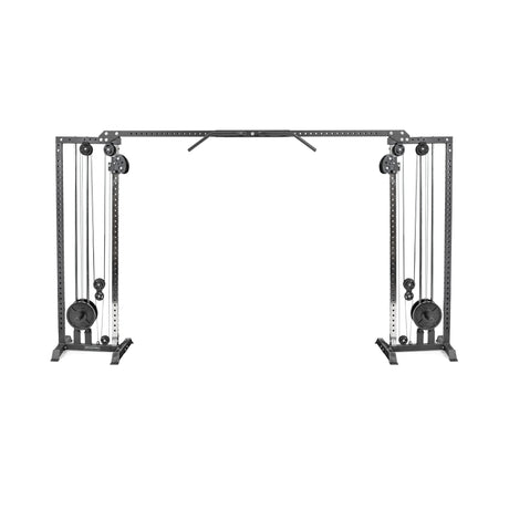 The Bells of Steel Cable Crossover Machine, in sleek black, showcases adjustable pulleys, weight stacks, and a multi-grip ergonomic pull-up bar against a plain white background.