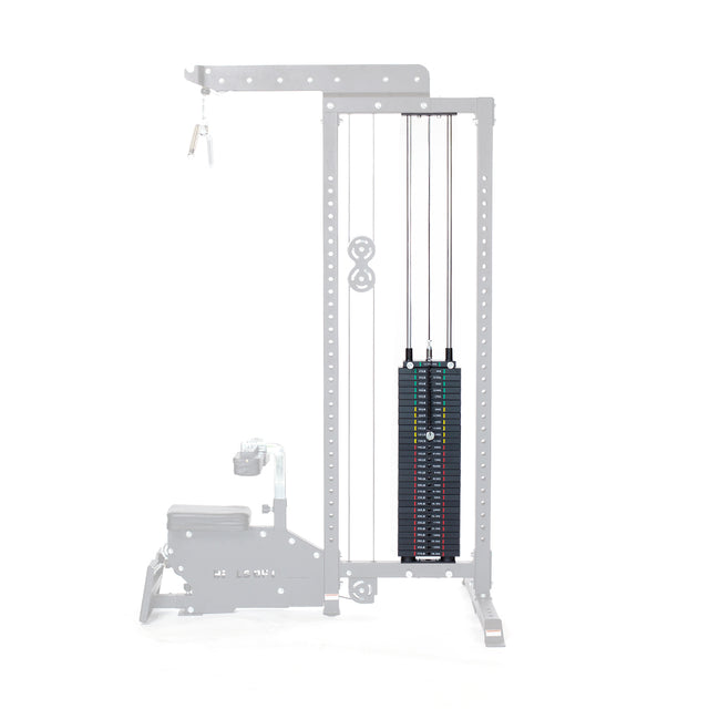 The Bells of Steel Lat Pulldown Low Row Machine is a versatile home gym essential with a padded seat and footrest, sturdy metal frame, adjustable weight plates, and metal rod with two secure clips for customizable resistance.