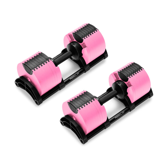 NÜOBELL Adjustable Dumbbells by Nuobell, featuring knurled black handles and pink machined steel weight plates, are placed side by side on a white background.