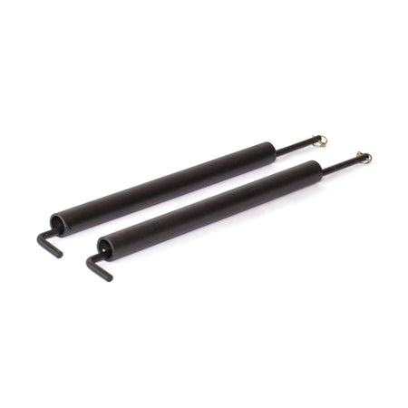 Two black Pin Pipe Safeties from Bells of Steel, featuring metal attachments on each end, are pictured parallel on a white background. With a cylindrical body and hook-like connection, these essential components ensure reliable safety in power rack setups for peace of mind.