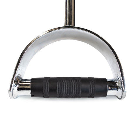 A close-up of the Bells of Steel Pro-Style Lat Bar Cable Attachment, 38 inches long, featuring chrome finish and textured rubberized grips, designed for cable machines and photographed against a white background.