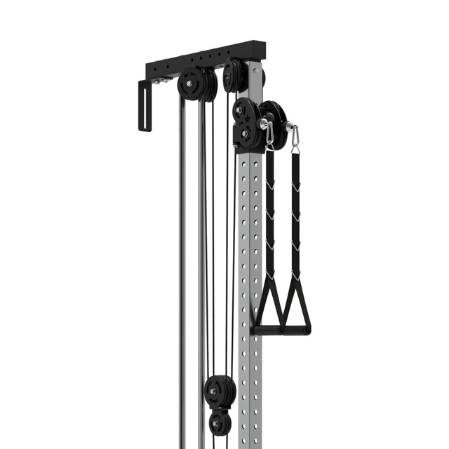 Close-up of Bells of Steel Cable Tower home gym pulley system with black cables, adjustable pulleys on a metal frame, and dual triangle handles for various strength workouts. The adjustable handles attach to a vertical post.