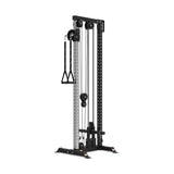 The Bells of Steel Cable Tower features adjustable handles, a weight stack, and multiple pulleys in a sleek black and silver design—ideal for cable machine exercises to boost strength training at home or in the gym.