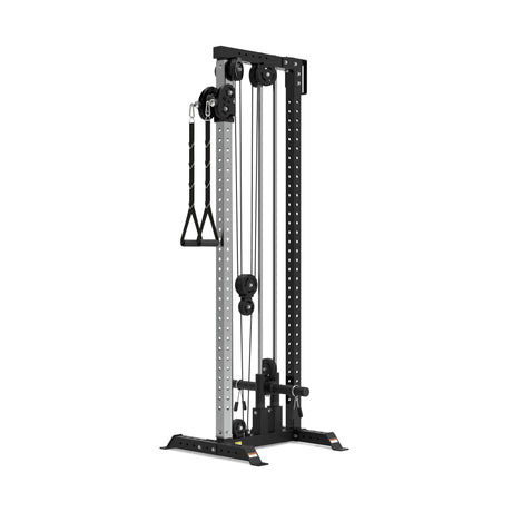 The Bells of Steel Cable Tower features adjustable handles, a weight stack, and multiple pulleys in a sleek black and silver design—ideal for cable machine exercises to boost strength training at home or in the gym.