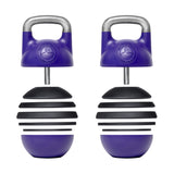 Introducing the Adjustable Competition Kettlebell by Bells of Steel, featuring a purple handle and silver top. Ideal for kettlebell training, it comes with stackable black disks on a vibrant purple base that allows for easy customization.