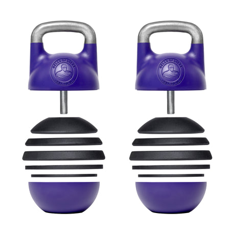 The Bells of Steel Adjustable Competition Kettlebell features a unique design with horizontal black weight plates on a round purple base with metallic handles. Ideal for training, each kettlebell showcases a front logo that enhances both style and functionality.