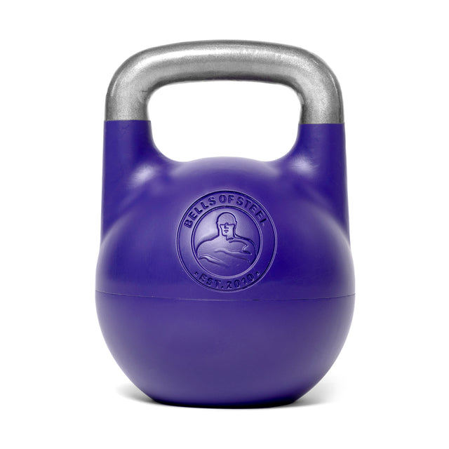 A Bells of Steel adjustable competition kettlebell in purple with a metallic handle, displaying the logo "Bells of Steel, Est. 2010" on the front. Perfect for kettlebell training, it is elegantly positioned against a white background.