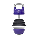 The Adjustable Competition Kettlebell by Bells of Steel is a purple and black kettlebell with a silver handle, featuring a tiered, segmented design that allows for weight adjustment. Ideal for kettlebell training, it proudly displays the brand's logo on the top section.