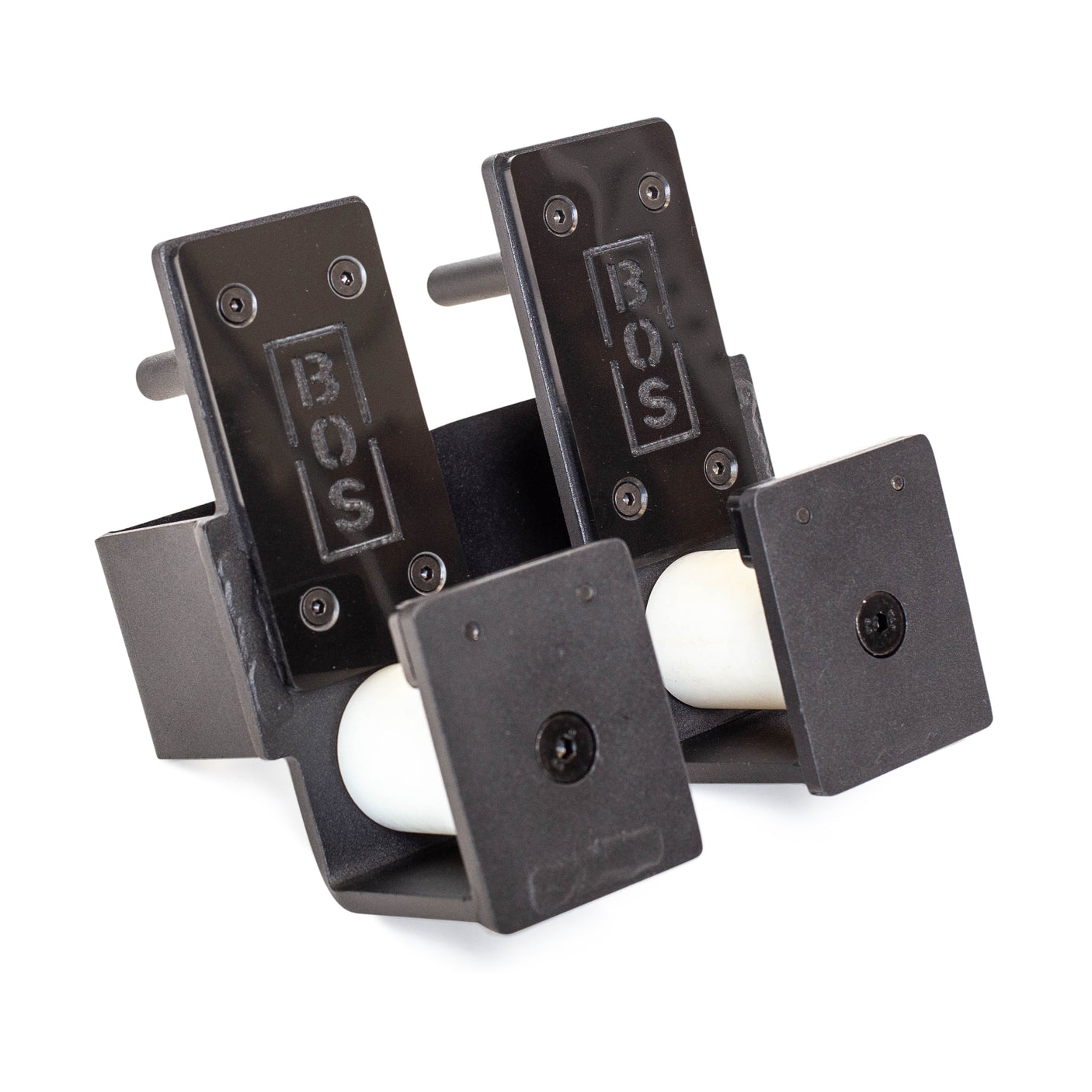 Two black plastic Roller J-Cups from Bells of Steel, each with tough nylon rollers and a white ball at the base, are displayed side by side on a white background—ideal for reliable bench press setups.