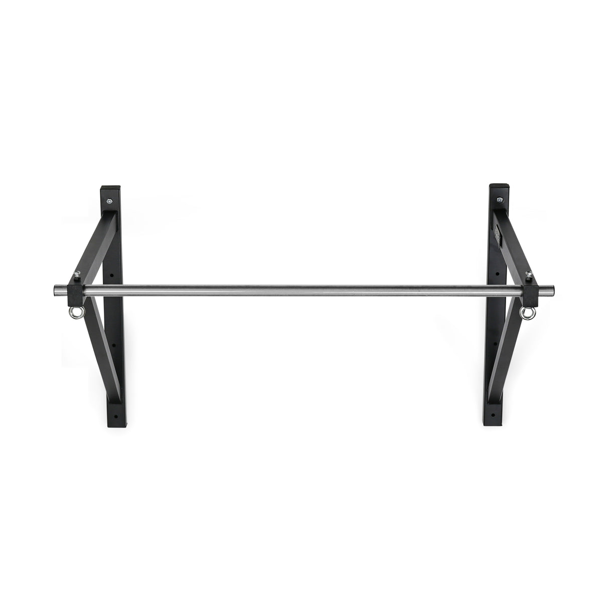 The Bells of Steel Adjustable Wall or Ceiling Mounted Pull-Up Bar features a sleek metal design with black brackets, ideal for home or gym. Its kipping-friendly setup includes rings for attachments, set against a plain white background.