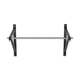 The Bells of Steel Adjustable Wall or Ceiling Mounted Pull-Up Bar features a sleek metal design with black brackets, ideal for home or gym. Its kipping-friendly setup includes rings for attachments, set against a plain white background.