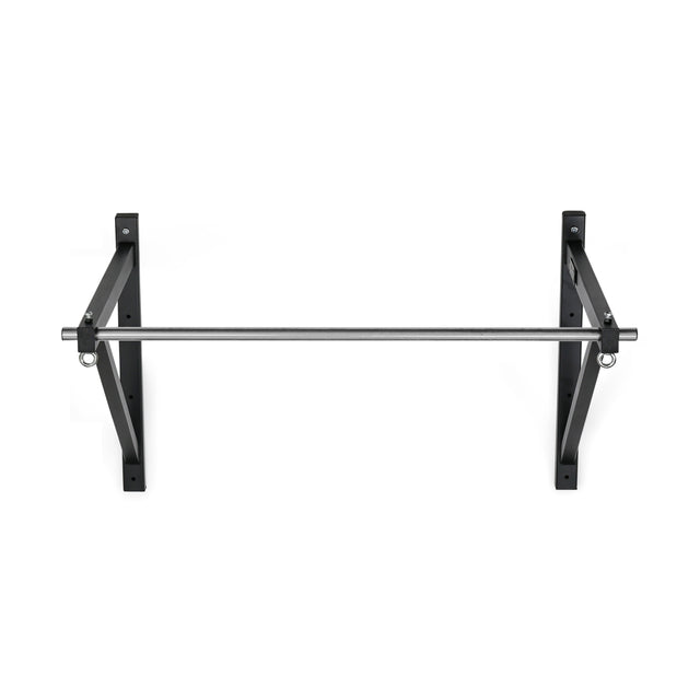 The Bells of Steel Adjustable Wall or Ceiling Mounted Pull-Up Bar features a sleek metal design with black brackets, ideal for home or gym. Its kipping-friendly setup includes rings for attachments, set against a plain white background.