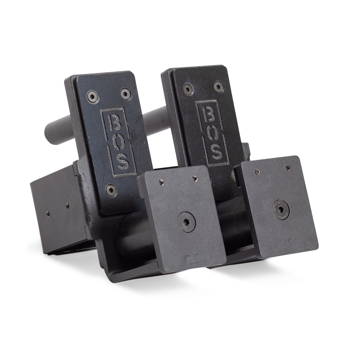 A pair of Bells of Steel Roller J-Cups with durable nylon rollers, square footplates, handles, and mounting holes are shown side by side on a white background—ideal for your next bench press session.