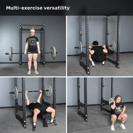 Four people perform front squat, back squat, bench press, and seated shoulder press with the Bells of Steel Short Rackable Barbell and power rack in a home gym. “Multi-exercise versatility.” appears at the top.