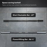 Two barbells rest on a gray tiled floor. On top is the Bells of Steel Short Rackable Barbell—compact and space-saving, ideal for home gyms. Below sits a longer powerlifting bar. Text above reads: "Space saving barbell.