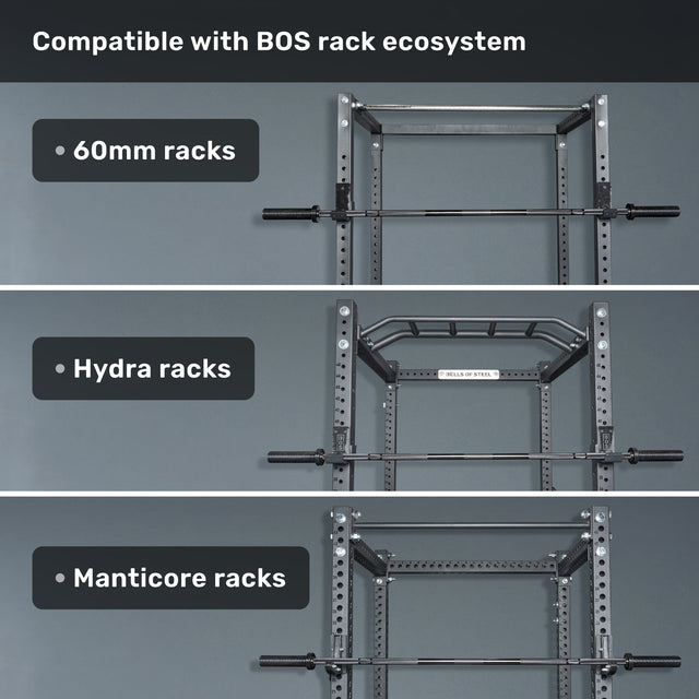 Three gym racks—60mm, Hydra, and Manticore—are each shown with the Bells of Steel Short Rackable Barbell attached, showcasing their compatibility within the BOS home gym rack ecosystem.