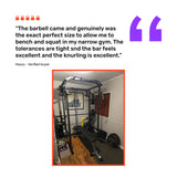 A customer review praises the Bells of Steel Short Rackable Barbell’s fit and quality for benching and squatting in a small gym. Below is a photo of a home gym with weightlifting equipment in a narrow room.
