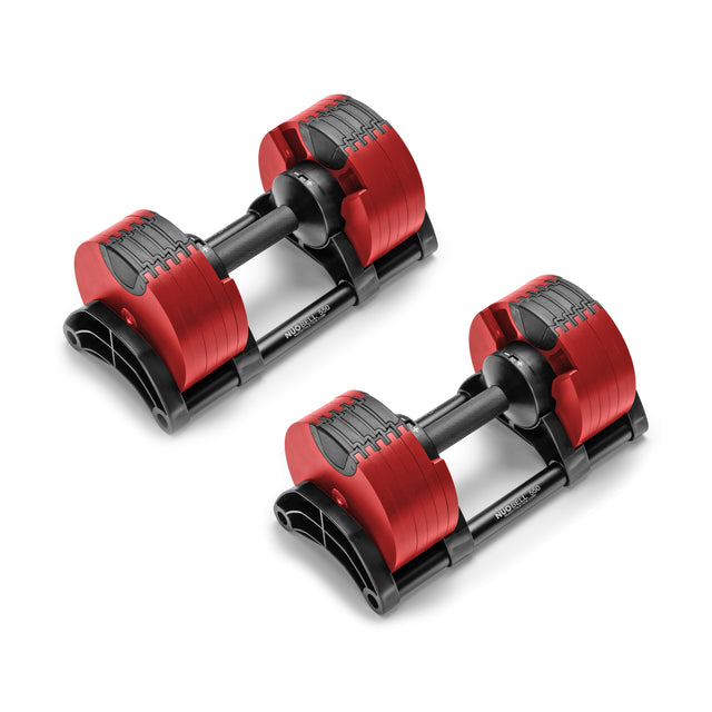 The NÜOBELL Adjustable Dumbbells by Nuobell are sleek red and black dumbbells set against a white background, equipped with machined steel weight plates and a knurled handle for customizable resistance to meet diverse workout needs.