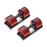 The NÜOBELL Adjustable Dumbbells by Nuobell feature a sleek red and black design with a selection dial for altering weight, durable machined steel plates, and rest on a white background.