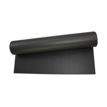 A partially unrolled black Bells of Steel Roll of Gym Flooring (50'), made from recycled rubber, is displayed on a white background, viewed from above.