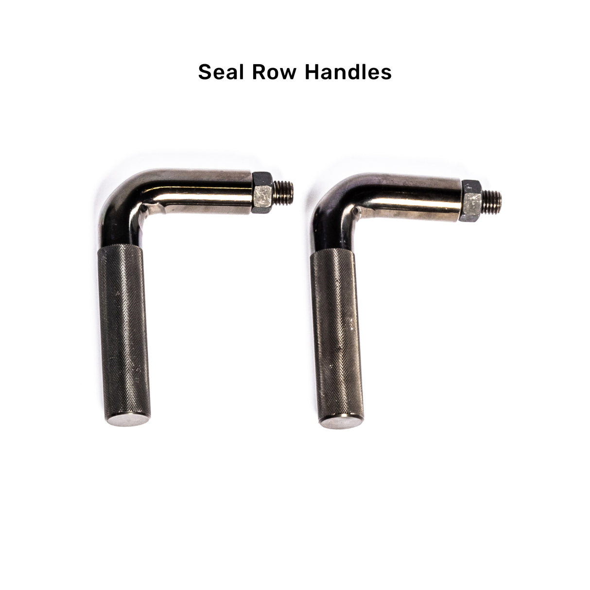 Two metal seal row handles with a shiny finish are shown against a white background. Each handle, like the ergonomic grip of the Bells of Steel Safety Squat Bar - The SS4, features a threaded end and knurled surface for secure handling during your squats.