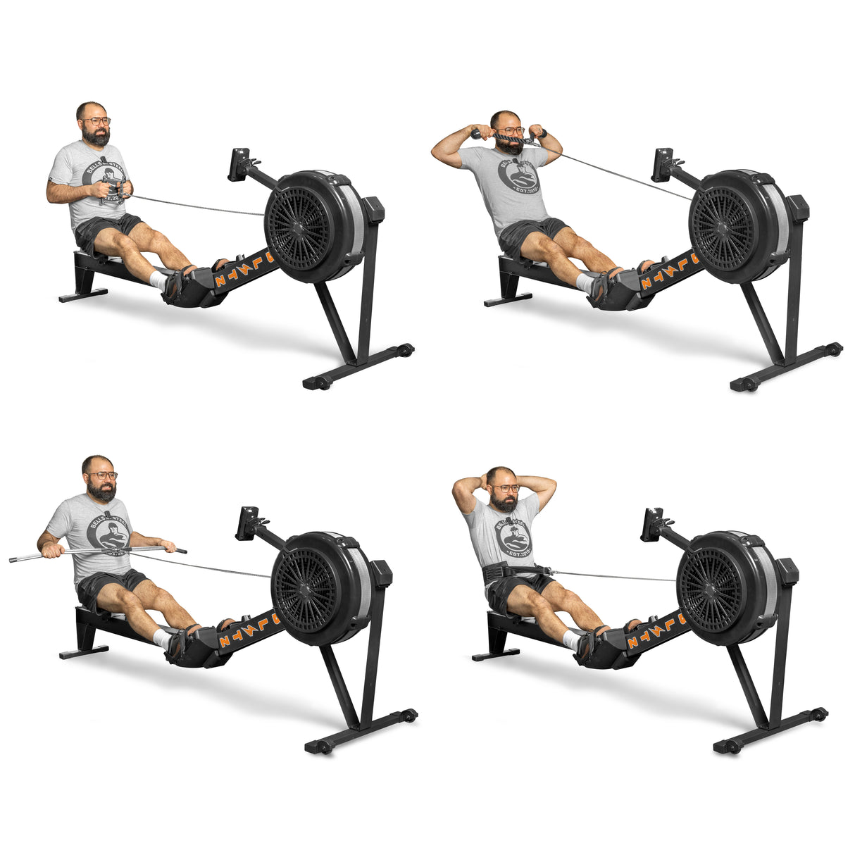 Four images showcase a man using the Blitz Air Rower by Bells of Steel, demonstrating different rowing positions and proper form. He wears a light gray T-shirt, dark shorts, and sneakers. The rower's black frame contrasts with its orange footrests, offering low-impact cardio.