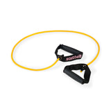 A yellow Human Trainer - Ripcords resistance exercise band by Bells of Steel USA, featuring durable rubber handles and arranged in a loose loop on a white background.