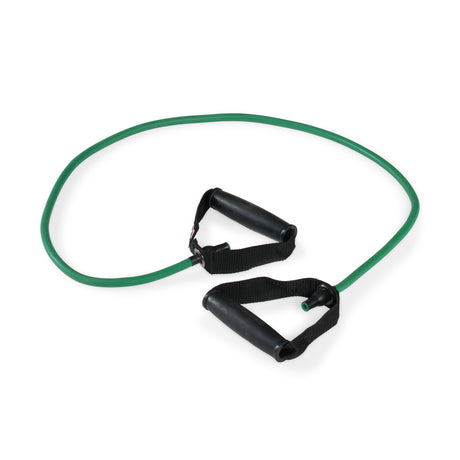 A Bells of Steel USA Human Trainer - Ripcords resistance band, green with black rubber handles on each end, arranged in a loose curve on a white background.