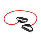 A Human Trainer - Ripcords resistance band by Bells of Steel USA, featuring durable black rubber handles and a vibrant red band, is coiled in an oval shape on a white background—ideal for exercise and strength training.
