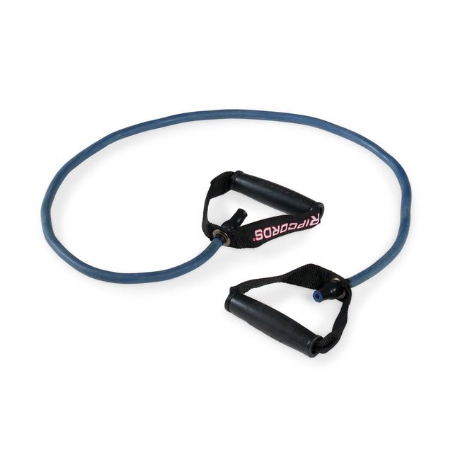 A Human Trainer - Ripcords resistance band from Bells of Steel USA, featuring sturdy black rubber handles with “RIPCORDS” printed in white and red on one handle, coiled in a loose loop on a white background. Ideal for enhancing your workouts when used with resistance bands or a door anchor.