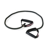 A black Human Trainer - Ripcords resistance exercise band by Bells of Steel USA, featuring durable rubber handles on each end, is laid out in a loose loop on a white background.