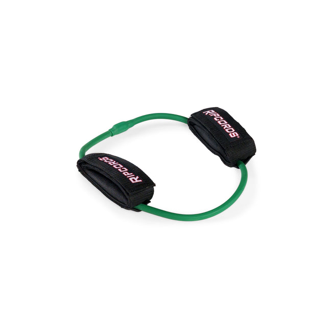 A green Human Trainer – Leg Cords fitness band by Bells of Steel USA, featuring two black ankle straps with “PROCORDS” in pink text, arranged in a circular shape on a white background.