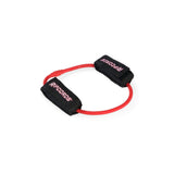 A red resistance band with two black padded handles, each labeled “Ripcords” in pink lettering, is featured on a white background. The Human Trainer - Leg Cords by Bells of Steel USA is a versatile accessory designed to boost your full-body strength and flexibility workouts, and is ideal for use as leg resistance bands.