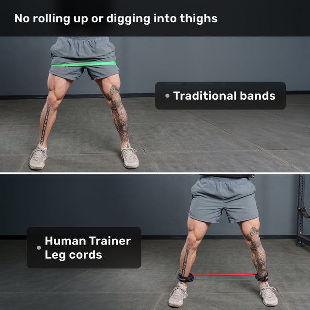 Top: Person in gray shorts using a green Human Trainer - Leg Cord from Bells of Steel USA above their knees. Bottom: Same person with red Human Trainer - Leg Cords by Bells of Steel USA positioned at their ankles. Text highlights how progressive tension Leg Cords from Bells of Steel USA offer targeted lower body workouts compared to traditional resistance bands.