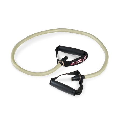 A light-colored Human Trainer - Ripcords resistance band by Bells of Steel USA, featuring black rubber handles and a “RIPCORDS” label on one handle, is arranged in a loose loop on a white background.