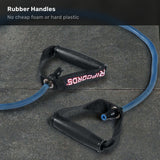 A blue Human Trainer - Ripcords resistance band by Bells of Steel USA, featuring black durable rubber handles with “RIPCORDS” text on the strap, is shown lying on a gray tiled floor. Above it, the text reads, “Rubber Handles. No cheap foam or hard plastic.” Perfect for versatile workouts, these resistance bands from Bells of Steel USA are built for durability and comfort, and can easily be paired with a door anchor for expanded exercise possibilities.