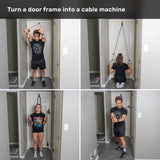 Four images show two people using the Human Trainer - Ripcords by Bells of Steel USA, featuring sturdy rubber handles and a secure door anchor attached to a door frame for various exercises, demonstrating how to turn any doorway into a cable machine. Text at the top reads, “Turn a door frame into a cable machine.”.