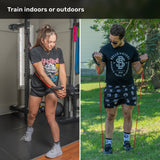 A woman uses Bells of Steel USA Human Trainer - Ripcords with rubber handles indoors; a man uses Bells of Steel USA Human Trainer - Ripcords with a door anchor outdoors. Text reads, “Train indoors or outdoors.”.