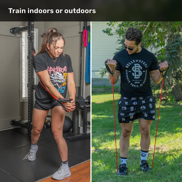 A woman uses Bells of Steel USA Human Trainer - Ripcords with rubber handles indoors; a man uses Bells of Steel USA Human Trainer - Ripcords with a door anchor outdoors. Text reads, “Train indoors or outdoors.”.