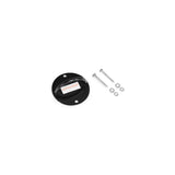 Round black wall mount bracket with a central adhesive strip, accompanied by two screws and two washers, displayed on a white background. The Human Trainer – Ripcords by Bells of Steel USA is perfect for use as a door anchor when setting up resistance bands or attachments with rubber handles for your workout.
