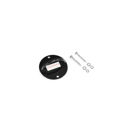 Round black wall mount bracket with a central adhesive strip, accompanied by two screws and two washers, displayed on a white background. The Human Trainer – Ripcords by Bells of Steel USA is perfect for use as a door anchor when setting up resistance bands or attachments with rubber handles for your workout.