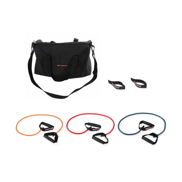 The Human Trainer - Ripcords by Bells of Steel USA is displayed on a white background, featuring a black gym bag, two ankle straps, and three resistance bands with durable rubber handles in orange, red, and blue. A door anchor is also included for versatile workout options.