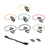Seven Bells of Steel USA Human Trainer - Ripcords resistance bands in various colors, featuring durable rubber handles, a black strap, a door anchor, and two small black loops, are neatly arranged on a white background.